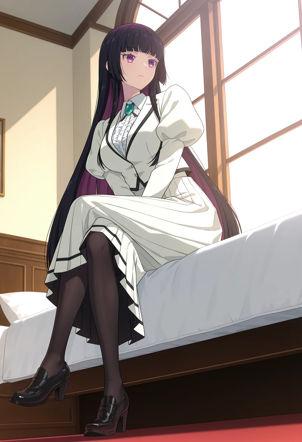 <lora:Kurogane Otoha_illustrious-000056:1>,
Kurogane Otoha,solo,indoors,window,v arms,dress,boots,breasts,very long hair,long sleeves,long skirt,standing,full body,hime cut,puffy sleeves,white skirt,pleated skirt,black pantyhose,loafers,black footwear,high_heels,white jacket,sitting,crossed_legs,from_below,on bed,