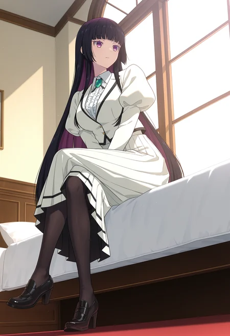 <lora:Kurogane Otoha_illustrious-000056:1>,
Kurogane Otoha,solo,indoors,window,v arms,dress,boots,breasts,very long hair,long sleeves,long skirt,standing,full body,hime cut,puffy sleeves,white skirt,pleated skirt,black pantyhose,loafers,black footwear,high_heels,white jacket,sitting,crossed_legs,from_below,on bed,