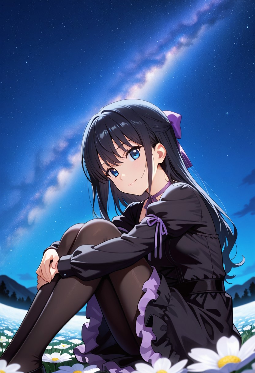medium depth of field, rule of thirds, masterpiece-level, clean lines, sharp, focused subject, minimalistic composition, masterpiece, amazing quality, best quality, anime screencap, detailed face, detailed eyes, detailed outfit, face focus, 
general,highres, ultra-detailed,very aesthetic,best quality ,best hands, perfect anatomy,detailed,
BREAK 1girl, solo, Natsuki Minamiya,blue eyes, black hair,
official outfit,hair bow,black pantyhose,black dress,ribbon choker,frilled dress,puffy long sleeves,sleeve ribbon,purple ribbon,
from front, from side, cowboy shot,
sitting, hugging own legs, knees arms support, happy, light smile, looking at viewer,
Flower Field, moon,
outdoors, night sky, strarry sky, milky way, scenery,