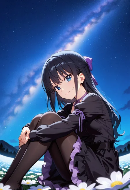 medium depth of field, rule of thirds, masterpiece-level, clean lines, sharp, focused subject, minimalistic composition, masterpiece, amazing quality, best quality, anime screencap, detailed face, detailed eyes, detailed outfit, face focus, 
general,highres, ultra-detailed,very aesthetic,best quality ,best hands, perfect anatomy,detailed,
BREAK 1girl, solo, Natsuki Minamiya,blue eyes, black hair,
official outfit,hair bow,black pantyhose,black dress,ribbon choker,frilled dress,puffy long sleeves,sleeve ribbon,purple ribbon,
from front, from side, cowboy shot,
sitting, hugging own legs, knees arms support, happy, light smile, looking at viewer,
Flower Field, moon,
outdoors, night sky, strarry sky, milky way, scenery,