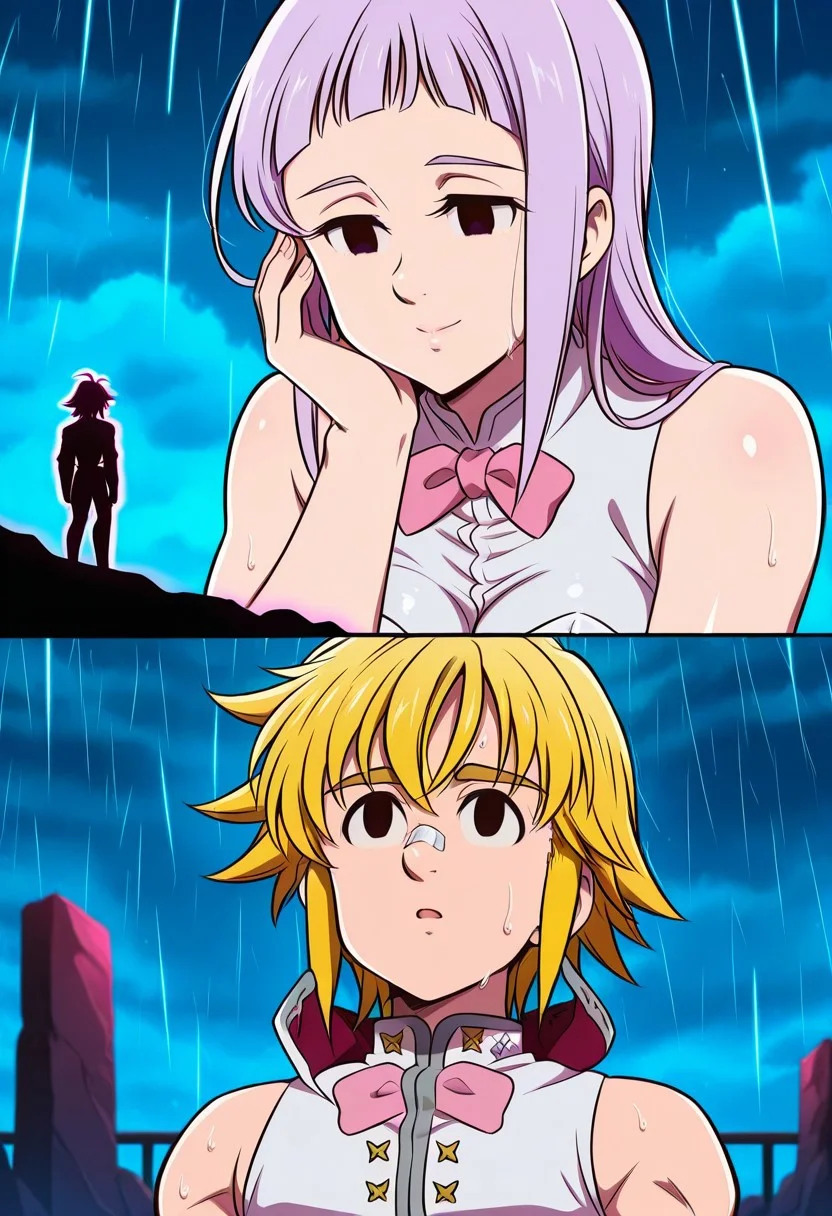 score_9, score_8_up, score_7_up, source_anime, easynegative, d0pp3l, absurdres, highres, 1girl, 1boy, Meliodas (The Seven Deadly Sins), blonde hair, muscular, young man, young woman, MelasculaIL,long hair,black eyes,thighhighs,bow,purple hair,blunt bangs,bowtie,leotard,pink bow,white leotard,pink thighhighs,pink bowtie, medium breasts, natural breasts, pubes, shiny skin, sweaty, (masterpiece, highest quality, perfect quality, best quality, highly detailed, intricate detail, a beautiful eyes, detailed face and eyes, detailed body, detailed anatomy, perfect anatomy, detailed background, high-contrast, perfect lighting, colorful),
masterpiece, best quality, absurdres, goslingposting_(meme), comic, 2koma, scene reference, night, neon palette, rain, BREAK 1girl, 1boy, (MelasculaIL,, giantess, hologram, looking down, looking at another, upper body, open mouth, hand on own cheek), (, from behind, silhouette) BREAK 1boy, , tears, looking up, bandaid, bandaid on nose, closed mouth, blurry background, <lora:goslingposting_meme:1>