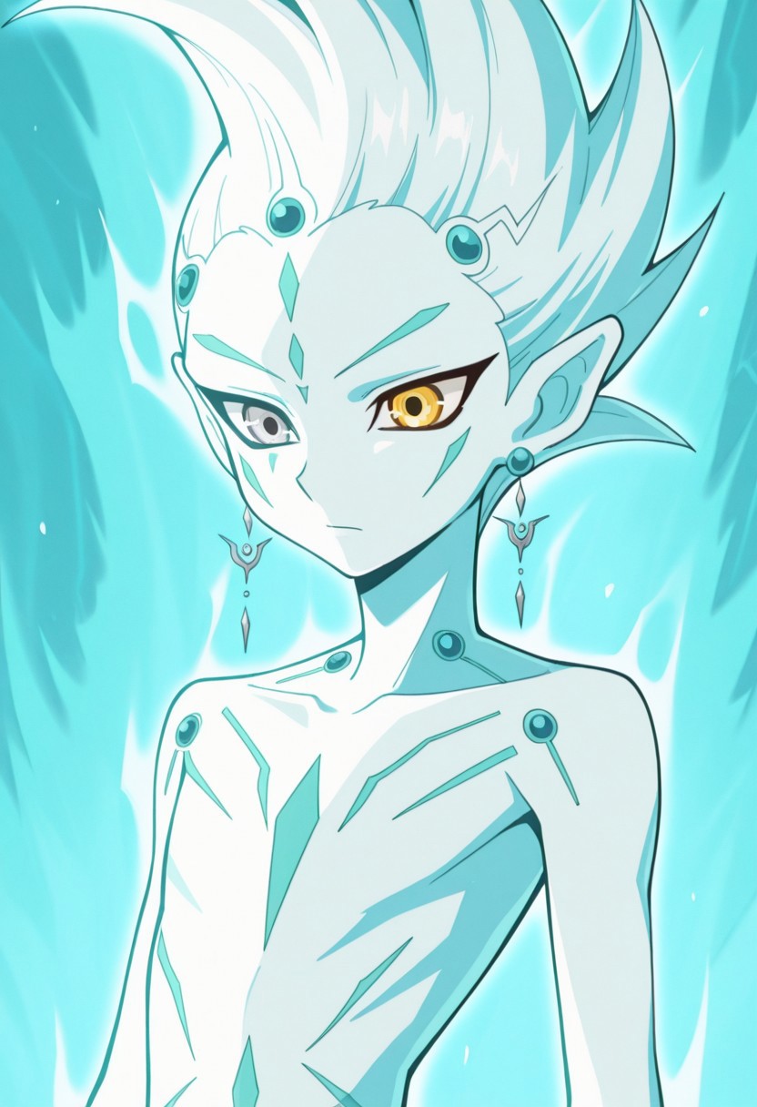 masterpiece,best quality,amazing quality, source_anime, 
astralzx, 1boy, male focus, solo, blue skin, spiked hair, pointy ears, earrings, heterocromia, grey eyes, yellow eyes, upper body, aqua theme, aura,