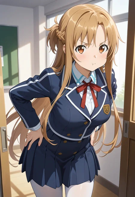 best quality, good quality, amazing quality, very aesthetic, absurdres, masterpiece, 1girl, aaasuna, long hair, brown hair, braid, brown eyes, medium breasts, school uniform, neck ribbon, collared shirt, blue jacket, long sleeves, blue skirt, white pantyhose, <lora:yuuki_asuna_ilxl_v1:0.9>, standing, cowboy shot, indoors, room, pout, hands on own hips,