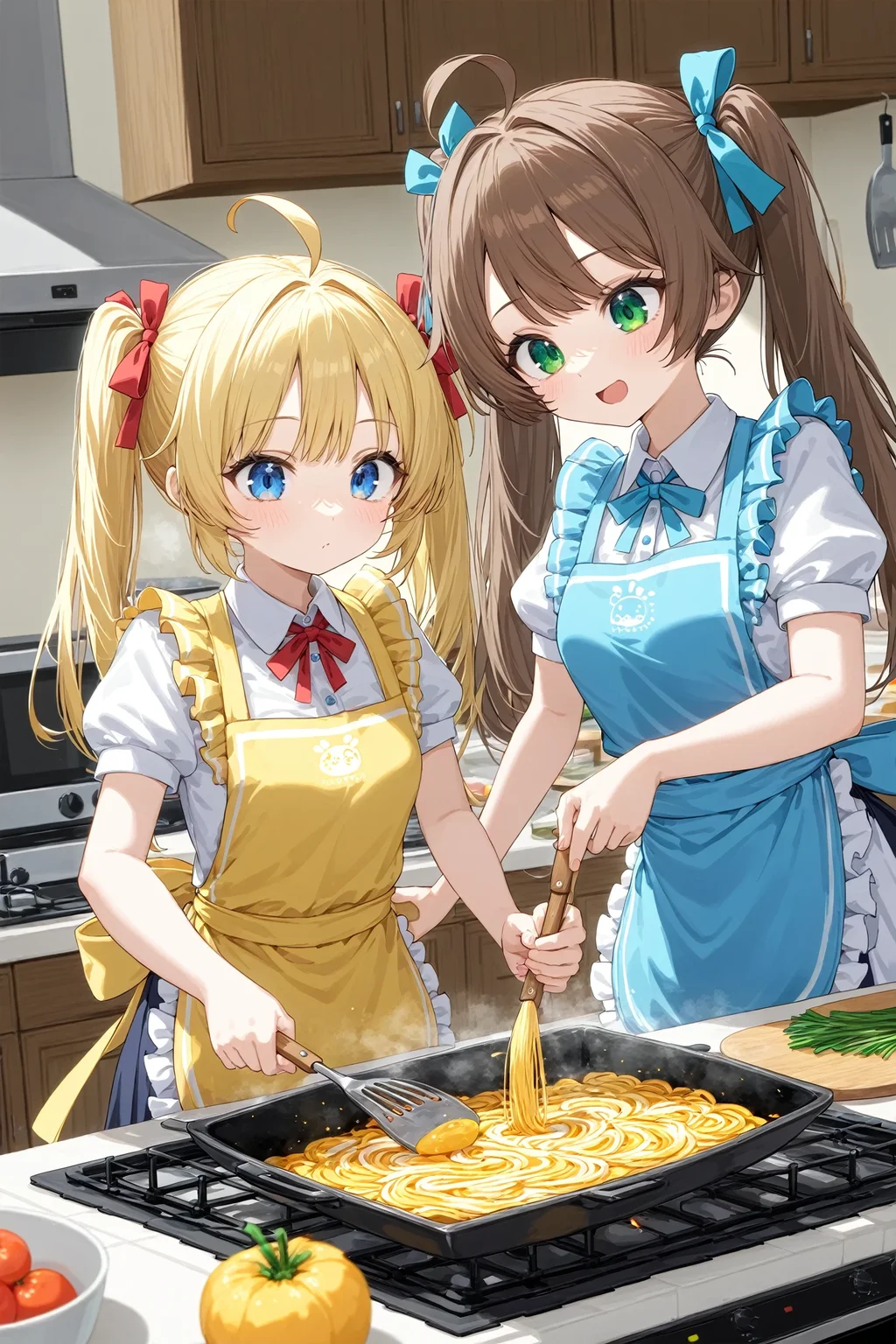 2girls, ahoge, apron, blonde hair, blue eyes, brown hair, cooking, green eyes, hair ribbon, multiple girls, ribbon, twintails