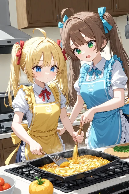 2girls, ahoge, apron, blonde hair, blue eyes, brown hair, cooking, green eyes, hair ribbon, multiple girls, ribbon, twintails