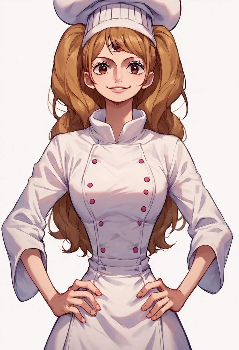 score_9, score_8_up, score_7_up, source_anime, solo, 1girl, Charlotte Pudding, light brown hair, pigtails, lips, brown eyes, chef outfit, chef hat, Two eyes, smile, half body, looking at viewer, hands on hips, standing, white background