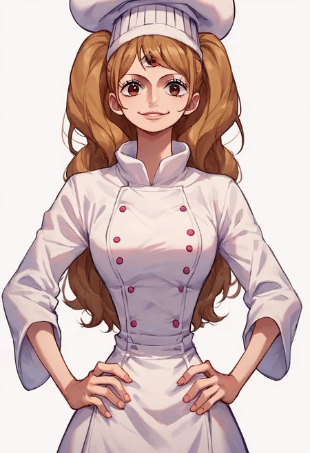 score_9, score_8_up, score_7_up, source_anime, solo, 1girl, Charlotte Pudding, light brown hair, pigtails, lips, brown eyes, chef outfit, chef hat, Two eyes, smile, half body, looking at viewer, hands on hips, standing, white background