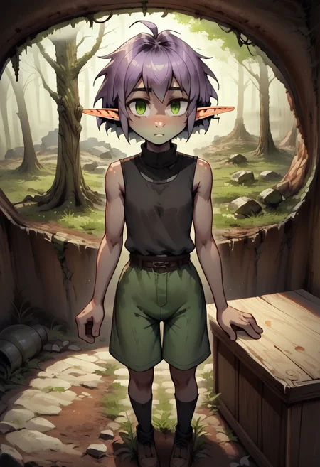 4byss, Lapanya, pointy ears, ((snout nose)), flat chest, ((4 fingers)), solo, fair skin, short stature, hazel irises, lilac hair, tomboy haircut, short hair 
((sleeveless green tunic, green shorts)), black undershirt, high collared undershirt,
((Standing, shading eyes, looking around, surveying surroundings, grinning)),
detailed face, close up, high angle
((Variety)),
Medieval style,
((cavern background, organic chamber, open chamber, trees, fog, soft light, moss on ceiling, luminous moss)), clean lines, smooth colors, sfw, source: anime, rating: pg, score: 8 up, score: 9