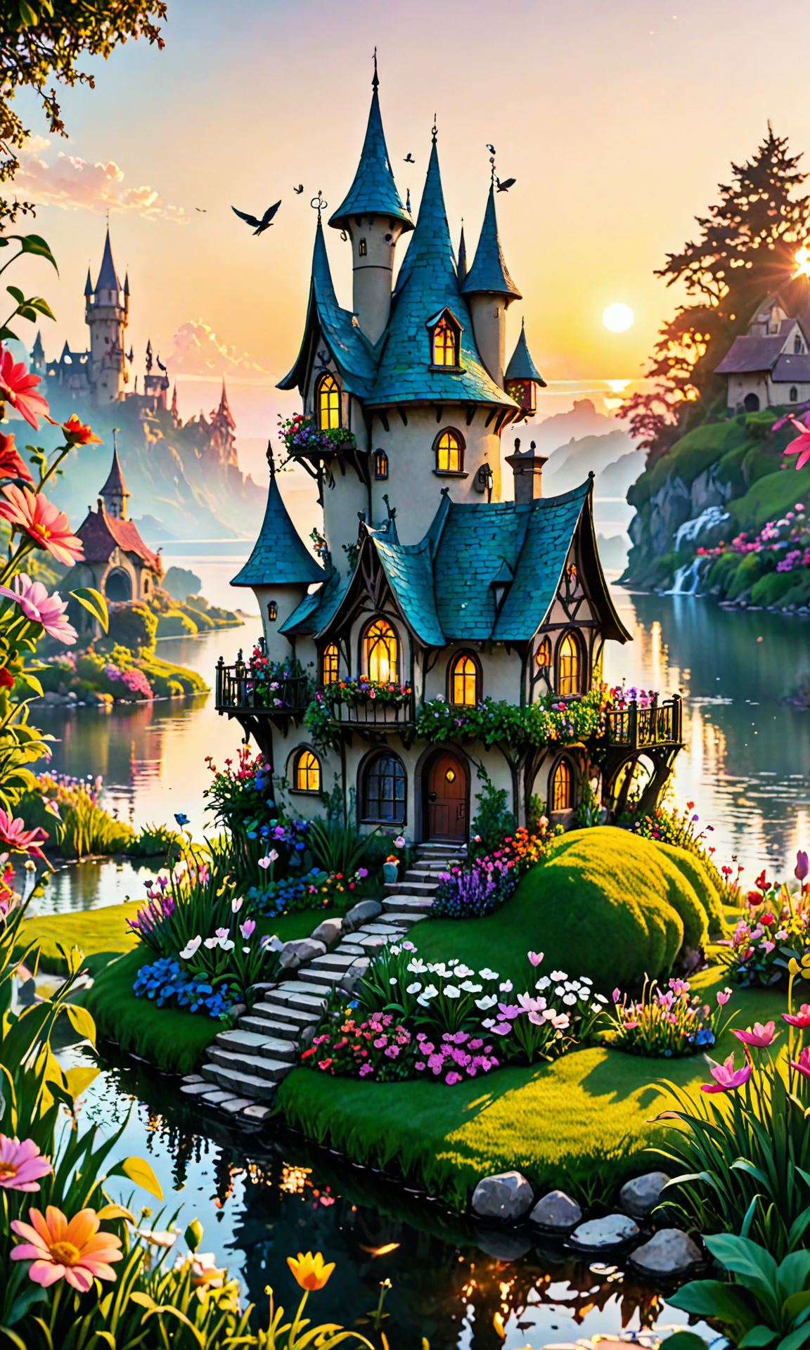 The most amazing dream you ever had about a house. It is so close to the camera, and it's very beautiful. It was just an hour-detailed. A little bird sits on top of the house that will be in a flower garden. The scene looks like a fairy castle made of grass by the lake. It has been lit by sunlight at sunset <hypernet:BadHands:1> <lora:Fast:0.69>