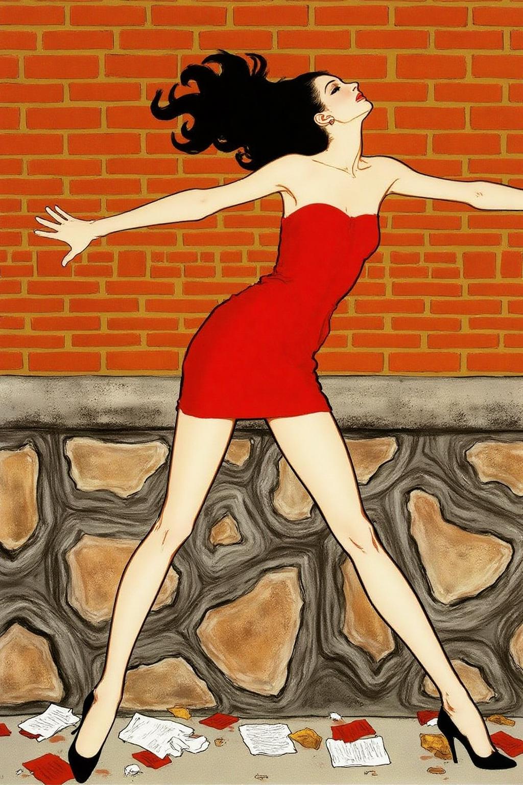 regr1 sketch. 
A woman leaning against a brick wall, set in an urban environment. She has long black hair flowing loosely and wears a short, strapless red dress that clings to her figure, emphasizing a sense of motion and sensuality. Her pose is dramatic, with her arms stretched against the wall and her head tilted slightly back, exuding a sense of vulnerability and allure. She is wearing black high-heeled shoes, and the ground below features scattered papers and debris, adding a gritty urban atmosphere. The brick wall and stone base provide a textured backdrop with warm tones, contrasting with the bold red of her dress.  <lora:regr1_fashion_nocap_d6a3:1.0><lora:807337333763603619:0>