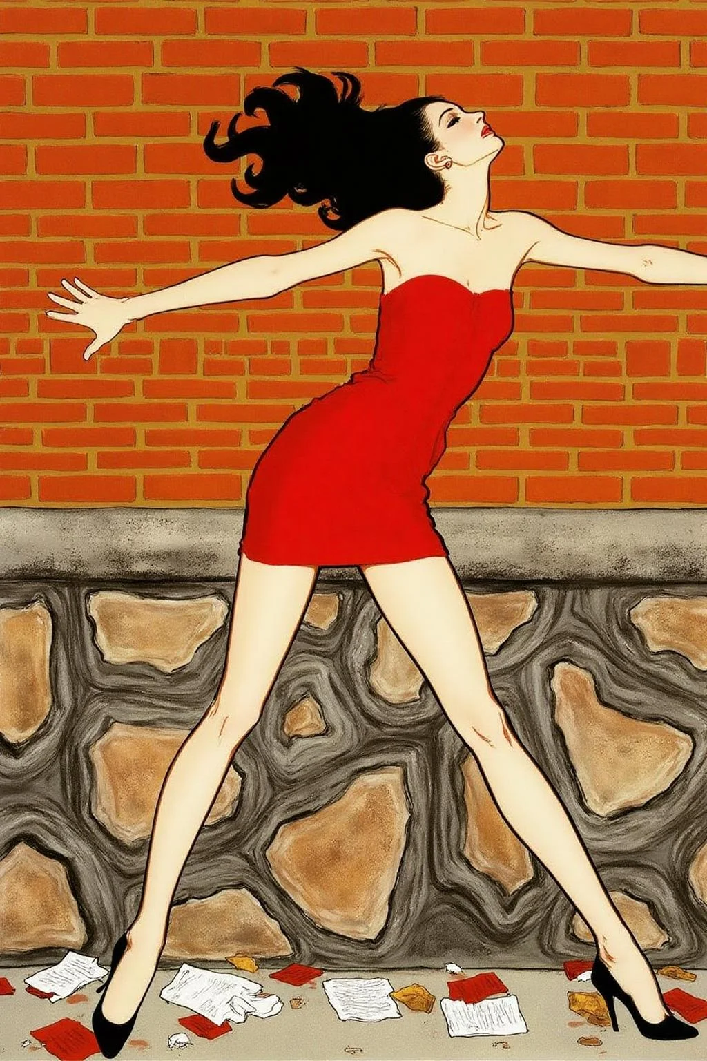 regr1 sketch.
A woman leaning against a brick wall, set in an urban environment. She has long black hair flowing loosely and wears a short, strapless red dress that clings to her figure, emphasizing a sense of motion and sensuality. Her pose is dramatic, with her arms stretched against the wall and her head tilted slightly back, exuding a sense of vulnerability and allure. She is wearing black high-heeled shoes, and the ground below features scattered papers and debris, adding a gritty urban atmosphere. The brick wall and stone base provide a textured backdrop with warm tones, contrasting with the bold red of her dress. <lora:regr1_fashion_nocap_d6a3:1.0><lora:807337333763603619:0>