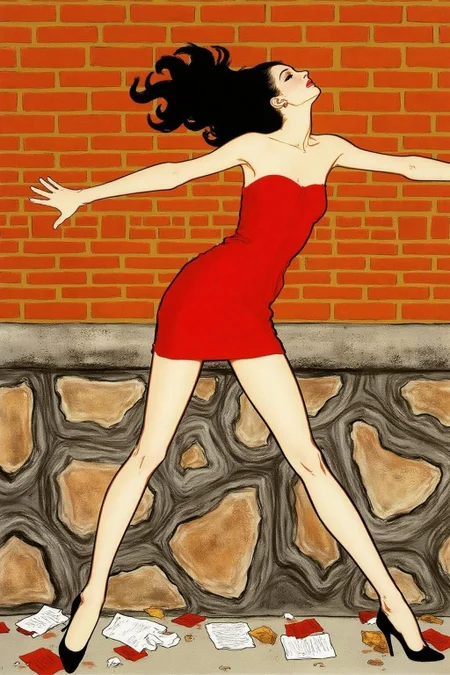 regr1 sketch.
A woman leaning against a brick wall, set in an urban environment. She has long black hair flowing loosely and wears a short, strapless red dress that clings to her figure, emphasizing a sense of motion and sensuality. Her pose is dramatic, with her arms stretched against the wall and her head tilted slightly back, exuding a sense of vulnerability and allure. She is wearing black high-heeled shoes, and the ground below features scattered papers and debris, adding a gritty urban atmosphere. The brick wall and stone base provide a textured backdrop with warm tones, contrasting with the bold red of her dress. <lora:regr1_fashion_nocap_d6a3:1.0><lora:807337333763603619:0>