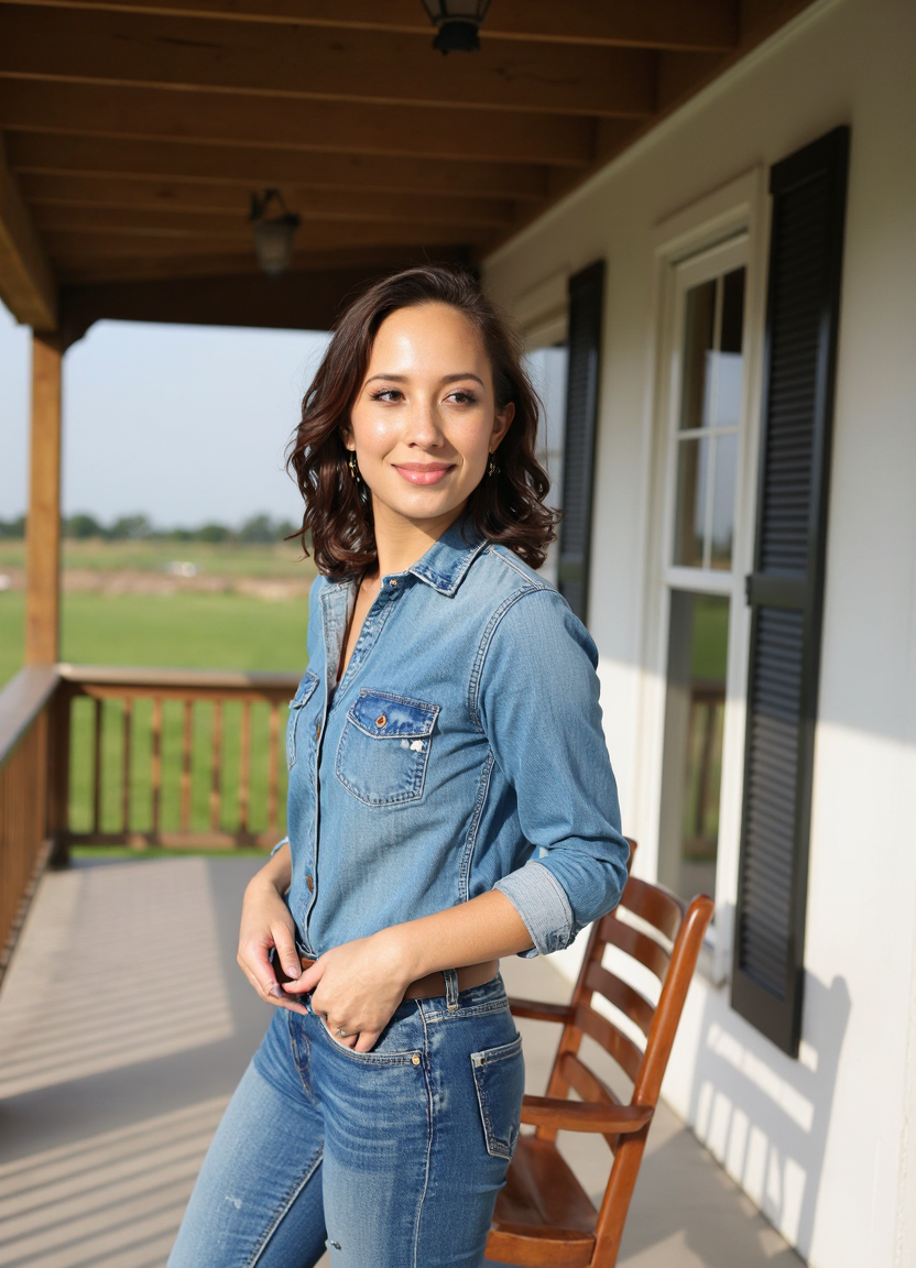 SFW, brightly lit, The image is a portrait of a woman standing on a porch with a wooden pergola. She is wearing a denim shirt with a button-down collar and blue jeans. She has a brown belt around her waist and her hands are in her pockets. The woman has e hair styled in loose waves and is looking off to the side with a slight smile on her face. In the background, there is a wooden rocking chair and a white wall with a window. The sky is blue and the grass is green, suggesting that the photo was taken during the day., aidmaimageupgrader<lora:flux\custom\celebrity\cheryl-burke.safetensors:1.05:1.05> <lora:turbo-8-step-flux.safetensors:0.5:0.5> <lora:flux\style\Common\aidmaImageUprader-FLUX-v0.3.safetensors:0.25:0.25>