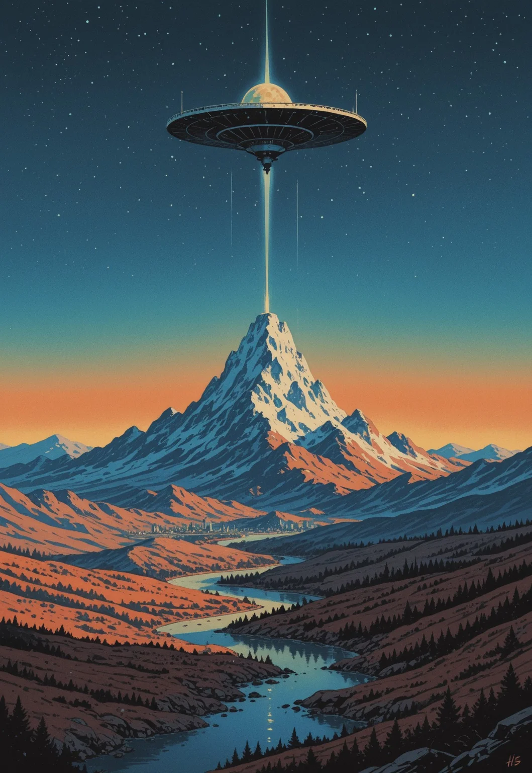 A vintage cel-shaded comic book ligne claire artstyle illustration: A towering, brutalist sci-fi architectural building rises from a barren landscape and pierces the sky on an alien world. A river runs through a barren plain toward distant mountain ridges. The moon hangs low in a star-speckled sky. Art style: retro-futurism meets concept art, with clear influences from Moebius, John Harris, and Syd Mead—featuring vast scale, nostalgic retro anime halftone, weathered textures, and ambient alien melancholy.