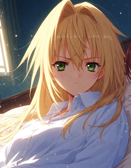 score_9, score_8_up, score_7_up, masterpiece, best quality, absurdres, official art, official style, (anime coloring, anime screencap, megami magazine, flat color:1.3), zPDXL2, zPDXLxxx,
<lora:Nanase_Aoi_Style_Pony_v1:1.0>, 1girl, solo focus, Nanase_Aoi_Style
bedroom, on bed, bed sheet, dim lighting, light particles, (close-up:1.3), looking at viewer, dutch angle,
, long hair, collared shirt, bed, green eyes, messy hair, shirt, straight hair, upper body, sitting, blonde hair, closed mouth, :|, from below, indoors, white shirt, pillow, hair between eyes, serious, frown