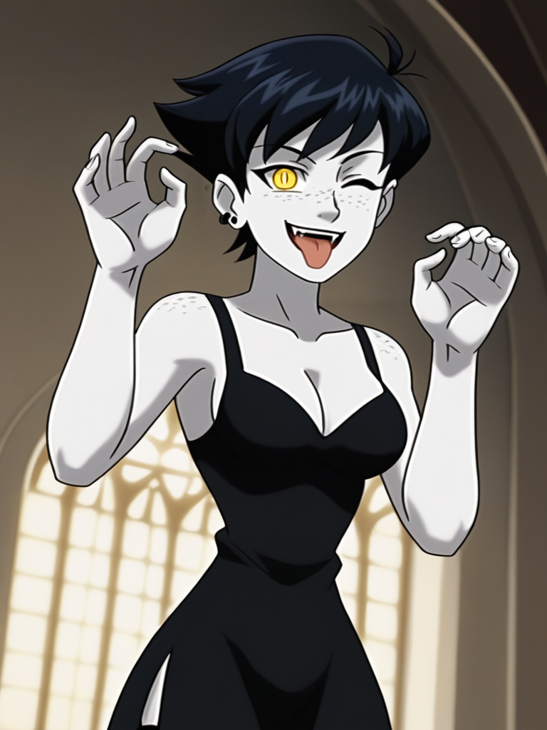 score_9,, 
vampire girl, white skin, colored skin, ass focus, black dress, garter straps, black hair, very short hair, tomboy, ear piercing, freckles, yellow eyes, cute pose, shy, bright pupils, particles around, splash art, medium breasts, narrow waist, looking at viewer, cowboy shot, dynamic pose, smile, cute, wide shot, solo focus, dutch angle, detailed background, cleavage, tongue out, one eye closed, dark church, 
XmenEvo, flat color, official style, cartoon style, <lora:AXmenEvolutionXL_Style:1>