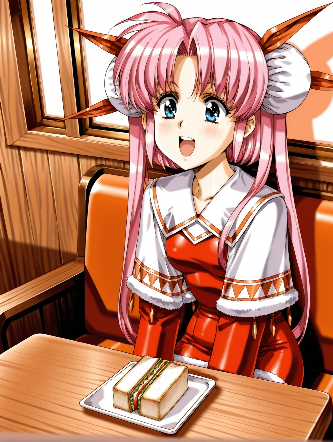 <lora:louise-v3-illustrious-000040:1> fallsmyer, double bun, hair ribbon, white capelet, capelet, red dress, short dress, fur trim
1girl, solo, sandwich, excited, booth seating, table, front view, cafe