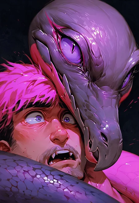 score_9, score_8_up, score_7_up, animalclose-up, sbfte, 1boy and salazzle, salazzle teasing the boy, the boy scared, (pink mist), black background, neon lighting