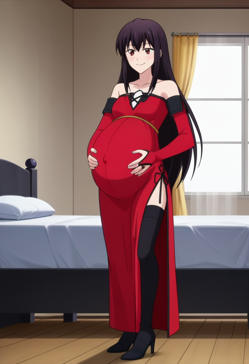 best quality, masterpiece, 4k, perfect lighting, very aesthetic, anime, anime coloring, official art, anime screencap, (large pregnant belly:1.3), bedroom, (hands on belly:1.5), happy, smile,
celeste, long hair, black hair, red eyes,
ached sleeves, bridal gauntlets, bare shoulders, collarbone,
long dress, side slit, black thighhighs, high heels,
standing