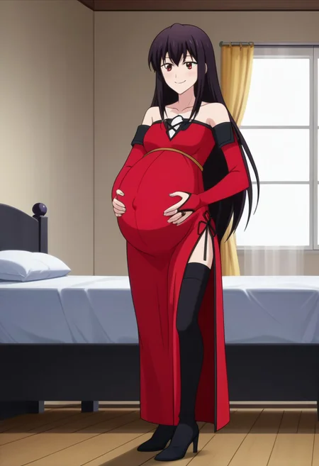 best quality, masterpiece, 4k, perfect lighting, very aesthetic, anime, anime coloring, official art, anime screencap, (large pregnant belly:1.3), bedroom, (hands on belly:1.5), happy, smile,
celeste, long hair, black hair, red eyes,
ached sleeves, bridal gauntlets, bare shoulders, collarbone,
long dress, side slit, black thighhighs, high heels,
standing
