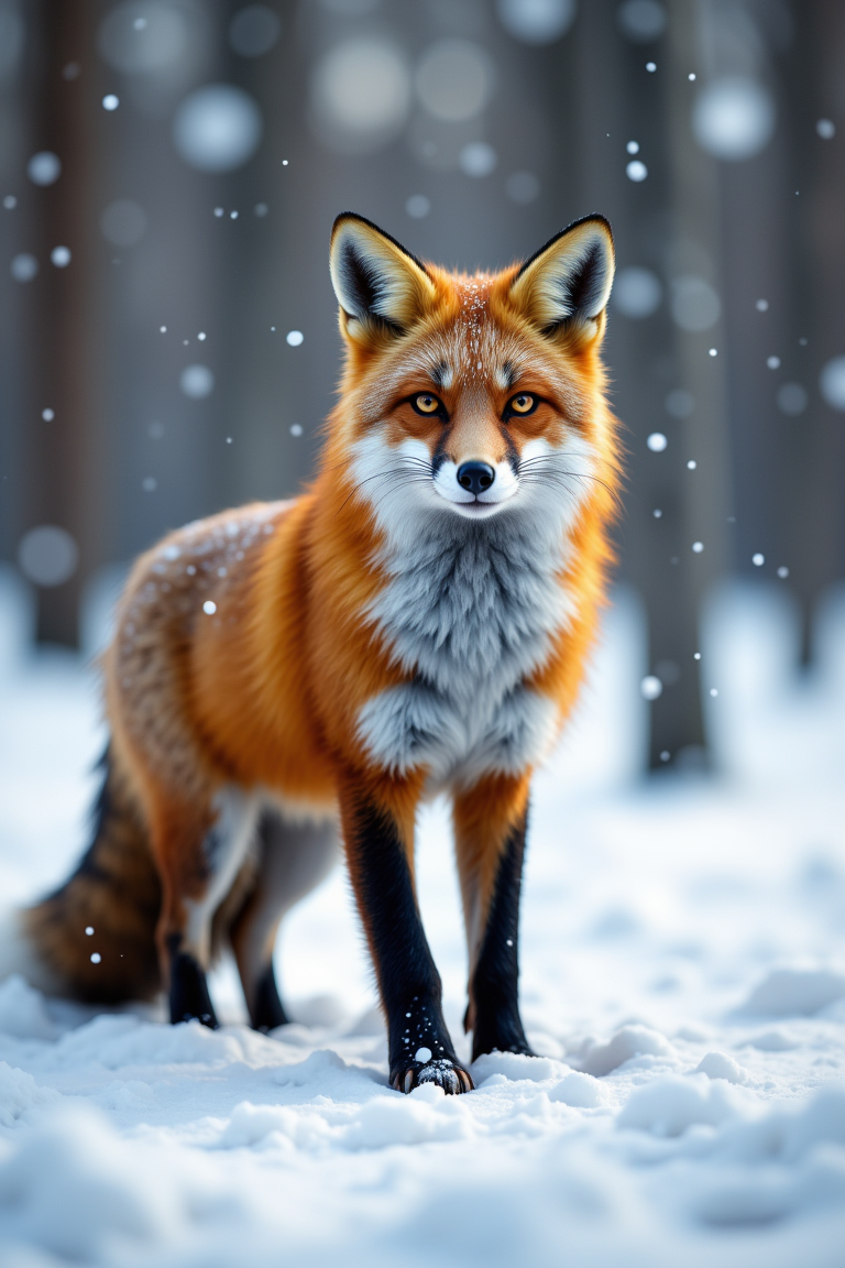 “A stunning wildlife photograph of a red fox standing alert in a serene, snow-covered forest as gentle snowfall drifts through the air. Its vibrant orange fur contrasts beautifully against the white landscape, with delicate snowflakes resting on its whiskers and ears. The fox’s piercing amber eyes gaze directly into the camera, exuding curiosity and intelligence. Its ears are perked, and its tail rests gently behind it, as if sensing something in the distance. Soft morning light filters through the bare trees, casting long shadows on the powdery snow. The background is slightly blurred, enhancing the sharp details of the fox’s thick fur and delicate paw prints in the fresh snow. The falling snowflakes add a magical, peaceful atmosphere to this breathtaking winter wildlife scene.”,aidmafluxpro1.1