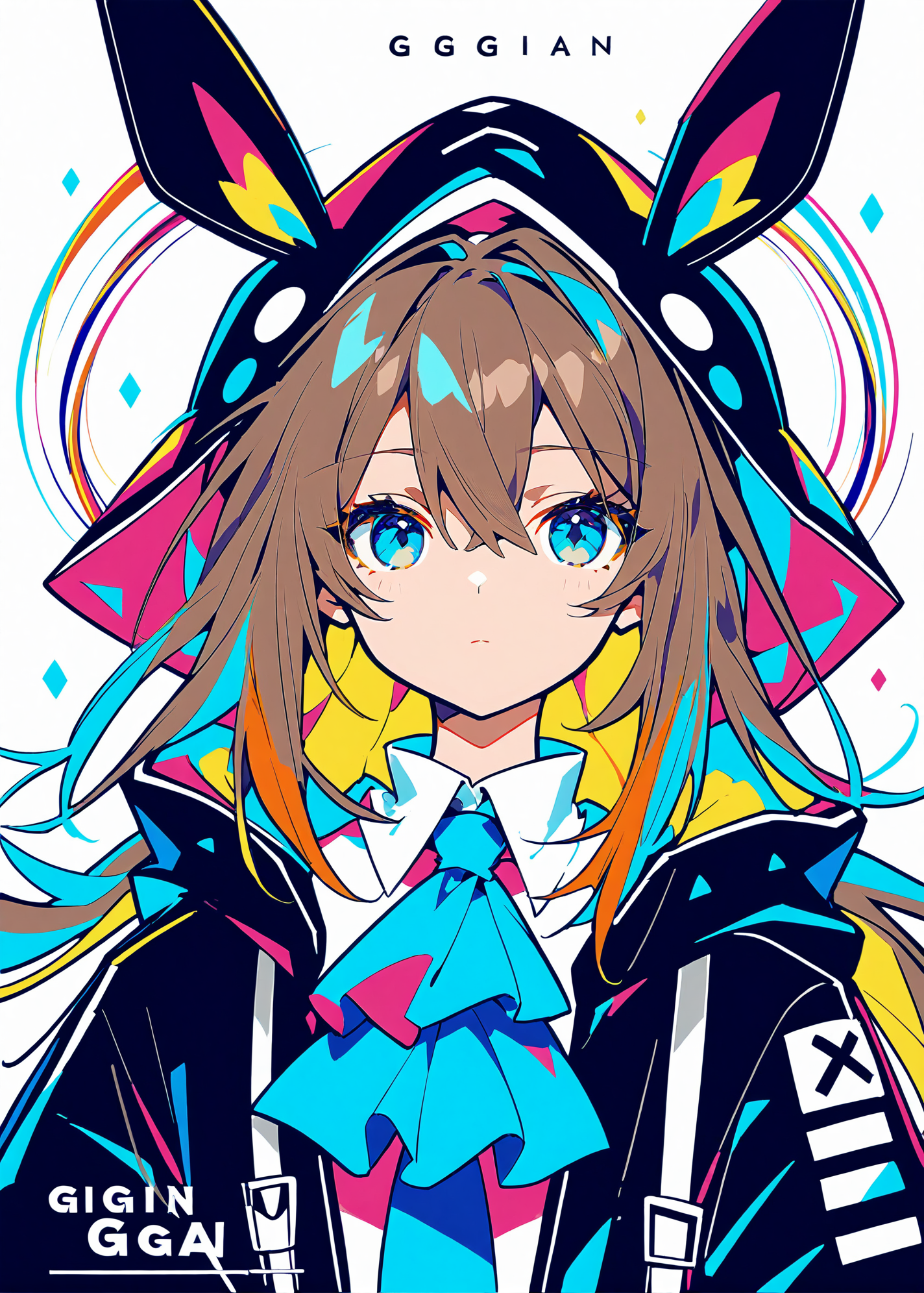(score_9,score_8_up,score_7_up),
<lora:GIAST STYLE_tpony:0.8>,
,(giast:1.7),(colorful:1.3),(white background:1.2),,flat color, limited palette, low contrast,multicolored hair, multicolored background, 
1girl,amiya \(arknights\), solo, brown hair, animal ears, blue eyes, rabbit ears, long hair, white background, jacket, simple background, looking at viewer, upper body, ascot, hair between eyes, open clothes, black jacket, eyebrows visible through hair, bangs, hood, open jacket, closed mouth, blue neckwear, shirt, sidelocks, character name, hooded jacket