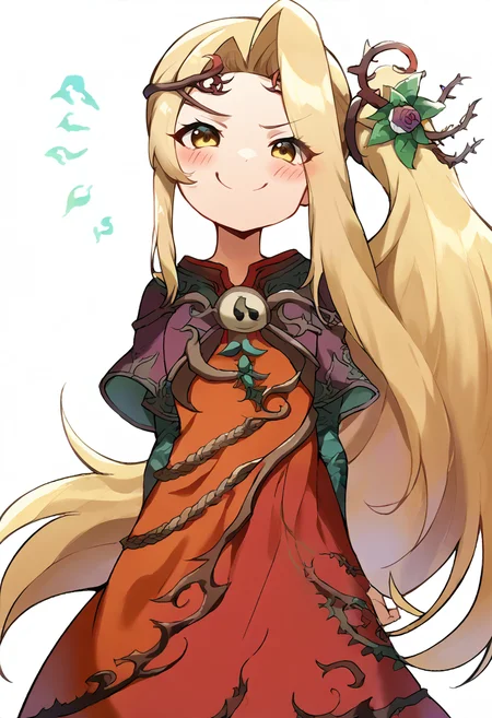 <lora:pony_good_hands:1>, <lora:Anime Style 2 SDXL_LoRA_Pony Diffusion V6 XL:0.5>, score_9, score_8_up, score_7_up, source_anime, good_hands,
simple white background,
<lora:IcaViridi-000015:1>, 1girl, solo, IcaViridi, long blonde hair, side ponytail, yellow eyes, red dress, thorn crown, asymmetrical sleeves, hair flower,
smile, looking at viewer, blush, smug,