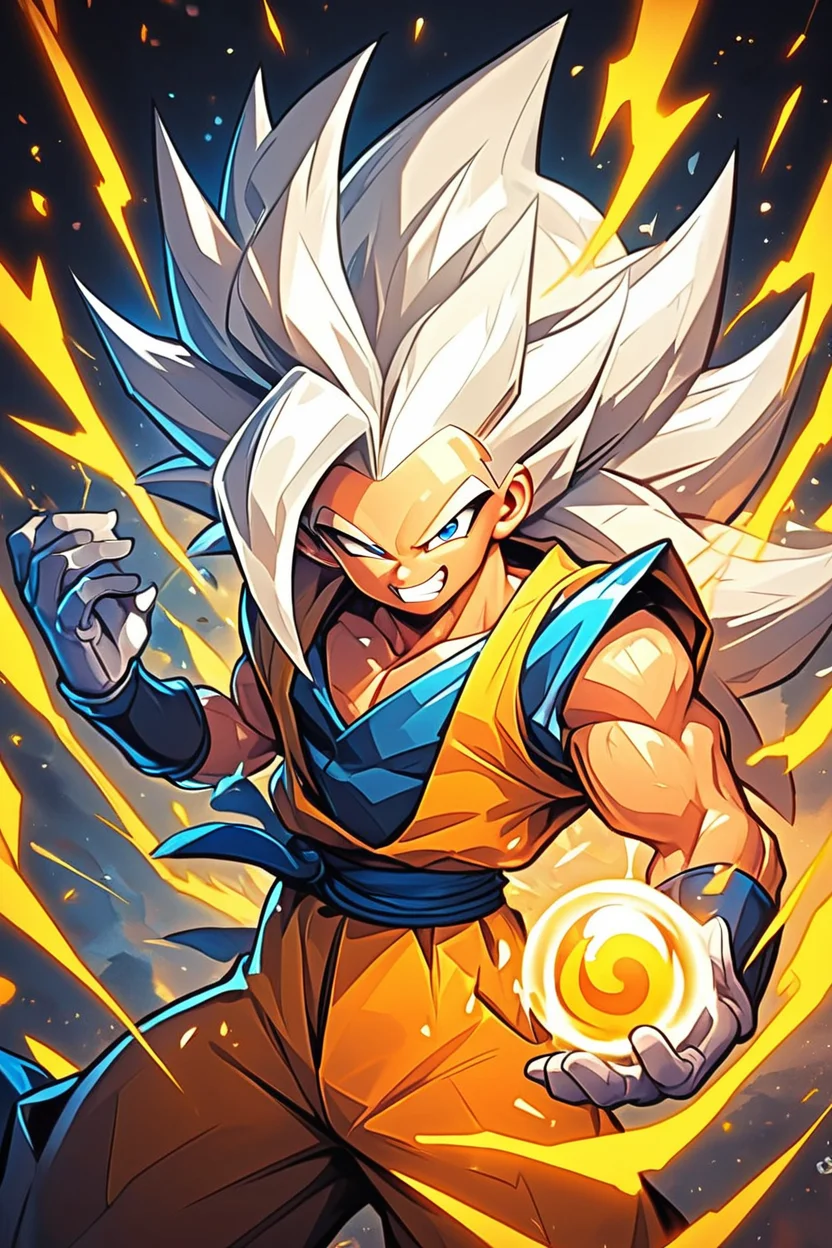 score_9, score_8_up, score_8, medium breasts, (curvy), eyelashes, solo, long hair, looking at viewer, smile, gloves, 1boy, white hair, male focus, teeth, white gloves, grin, sash, muscular, spiked hair, clenched teeth, aura, dougi, energy, super saiyan, energy ball, orange pants, no eyebrows, son goku, embedding:zPDXL, Expressiveh, <lora:EnergyCAT:0.8>, <lora:SDXLFaeTastic2400:0.5>, <lora:Expressive_H-000001:0.4>,