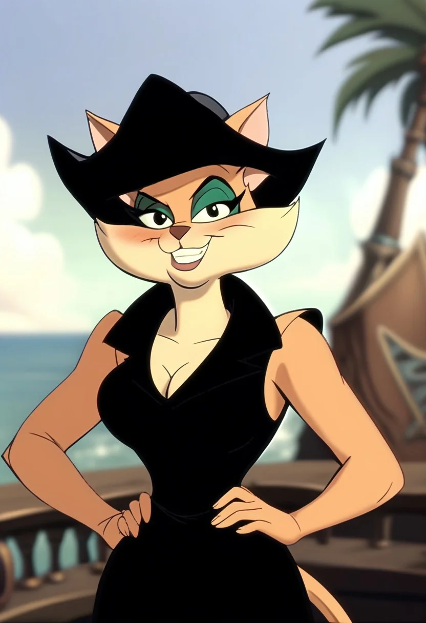 score_9, score_8_up, score_7_up, score_6_up, score_5_up, score_4_up, retro artstyle, BREAK
Tabitha_Fantomcat,cat girl,short hair,1girl, breasts, solo, hat, smile, jewelry, cleavage, hands on own hips, pirate, pirate hat,short hair, cleavage cutout, looking at viewer,black eyes, ocean, outdoors, black headwear, sleeveless, clothing cutout,short hair, grin, cowboy shot, sky, dress, bare shoulders, black dress, day, large breasts, blush, water
<lora:tabitha-v1:1>