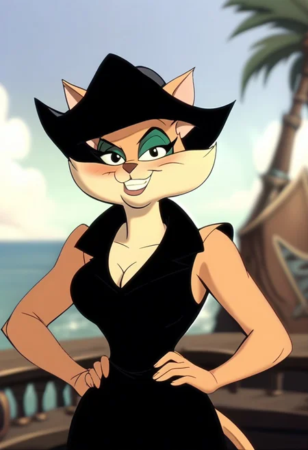 score_9, score_8_up, score_7_up, score_6_up, score_5_up, score_4_up, retro artstyle, BREAK
Tabitha_Fantomcat,cat girl,short hair,1girl, breasts, solo, hat, smile, jewelry, cleavage, hands on own hips, pirate, pirate hat,short hair, cleavage cutout, looking at viewer,black eyes, ocean, outdoors, black headwear, sleeveless, clothing cutout,short hair, grin, cowboy shot, sky, dress, bare shoulders, black dress, day, large breasts, blush, water
<lora:tabitha-v1:1>
