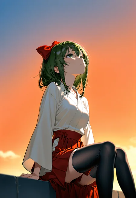 shishikusa mai, 1girl, solo, mai hair bow, mai hakama, black thighhighs, sitting, sad, expressionless, sky, evening, orange sky, looking up, depth of field, yoneyama mai, ,
masterpiece, best quality, newest, very awa