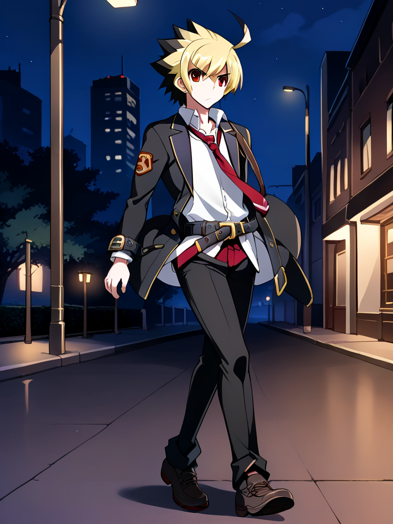 1boy, solo, hydeuni, spiked hair, two-tone hair, multicolored hair, blonde hair, black hair, ahoge, red eyes, black jacket, white shirt, collared shirt red shirt, layered clothes, red necktie, belt, black pants, shoes, school uniform, full body, outdoors, night, city, street, walking, serious, looking at viewer