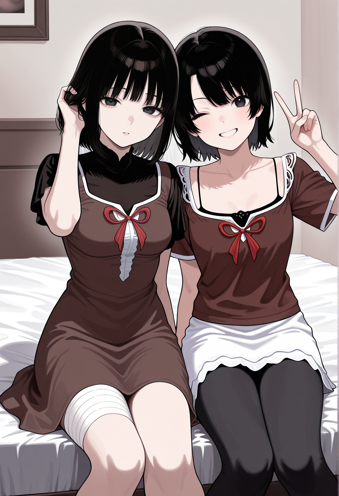 2girls, tiwns, take your pick, indoors, bed, sitting, looking at viewer, 1girl, mayu, short hair, black hair, black eyes, short dress, brown dress, ribbon, black sleeves, turtleneck, bandaged leg, hand on hair
BREAK
2girls, tiwns, take your pick, indoors, bed, sitting, looking at viewer, 1girl, mio, short hair, black hair, black eyes, brown shirt, ribbon, white skirt, skirt, brown sleeves, camisole, leggings, v, wink   <lora:Miu_and_Mayu_fatal_frame:1>, masterpiece, best quality, amazing quality, very aesthetic, absurdres, highres, newest