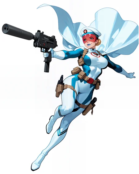 solo, (full body shot, wide shot:1.2), 1girl, (30 year old Russian woman:1.2), beautiful female cyborg spy, fair skin, (white with light blue accents superhero bodysuit with armor padding:1.3), white body armor vest, thigh pistol holsters, white cloak, white military beret, cyborg, cybernetic seams, utility belt, blue eyes, epic red visor, long blonde hair, hair bun, white arm length gloves, slim waist, (toned body:1.1), (large breasts:1.2), wide hips, ultra detailed face, (blue lips:1.2), confident closed mouth smile, strong jaw line, white thigh high superhero boots, (shooting a uzi-pistol machine pistol with a suppressor:1.2), white background, (dynamic pose, dynamic composition, dynamic angle:1.2), digital painting, masterpiece, best quality, very awa, absurdres, 8k, comic art style,  <lora:NOOB_vp1_detailer_by_volnovik_v1:0.6> <lora:noobai_vpred_1_aqm_complete_v3:0.3> masterpiece, best quality, very aesthetic <lora:HyperdetailedColoredPencilIl:0.3> ArsMJStyle, Colored pencil hyperdetailed realism <lora:ponyv6_noobE11_2_adamW:0.3> <lora:illustriousXL_stabilizer_v1.7:0.4> <lora:Comics_IllustriousXL_Lora:0.3> C0M1C5 Style <lora:Superhero_Aesthetic_Illustrious:0.3> SUP3RH3R0 Style, comic art style, <lora:Carlos GomezStyleilluLYCO:0.3> cgstyle, (borderless), <lora:ppw_v7_Illuv1.0_1_r2:0.2>, <lora:anatomy_helper:1> <lora:Uzi_-_Machine_Pistol:0.5>, uzi-pistol