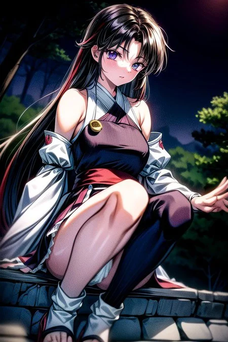 masterpiece, best quality 1girl Setsun4 solo long hair, (night time) forest background black hair very long hair purple eyes multicolored hair armor (fur trim) (medium body),<lora:EMS-179-EMS:0.800000>,<lora:EMS-293862-EMS:0.800000>ascot, bare shoulders, black footwear, detached sleeves, embellished costume, frills, japanese clothes, nontraditional miko, red skirt, sandals, sarashi, skirt, socks, white sleeves, white socks, wide sleeves, yellow ascot, zouri, armor, miko