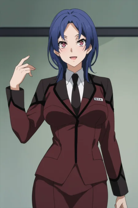 hoshimiya haruka, blue hair, long hair, purple eyes, uniform, suit, military uniform, purple uniform, dark brown uniform, white shirt, collared shirt, jacket, closed jacket, dark brown necktie, skirt, pencil skirt, white kneehighs, black highheels, <lora:Haruka_Hoshimiya:1>, score_9, score_8_up, score_7_up, score_6_up, score_5_up, source_anime, rating_safe, indoors, 1girl, solo, looking at viewer, (dynamic pose:1.2), (upper body:1), <lora:age_slider_v4:2>, standing