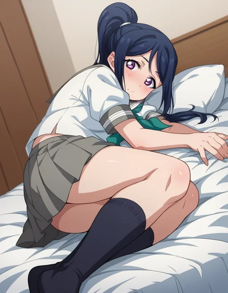 score_9, score_8_up, score_7_up, source_anime, <lora:kanan-matsuura-s2-ponyxl-lora-nochekaiser:1>, kanan matsuura, long hair, blue hair, purple eyes, ponytail, sidelocks,, skirt, school uniform, short sleeves, pleated skirt, serafuku, socks, neckerchief, kneehighs, black socks, green neckerchief, grey skirt, uranohoshi school uniform,, indoors, bed, bed room, on side, blush, drunk, looking at viewer, solo,, cowboy shot, dutch angle