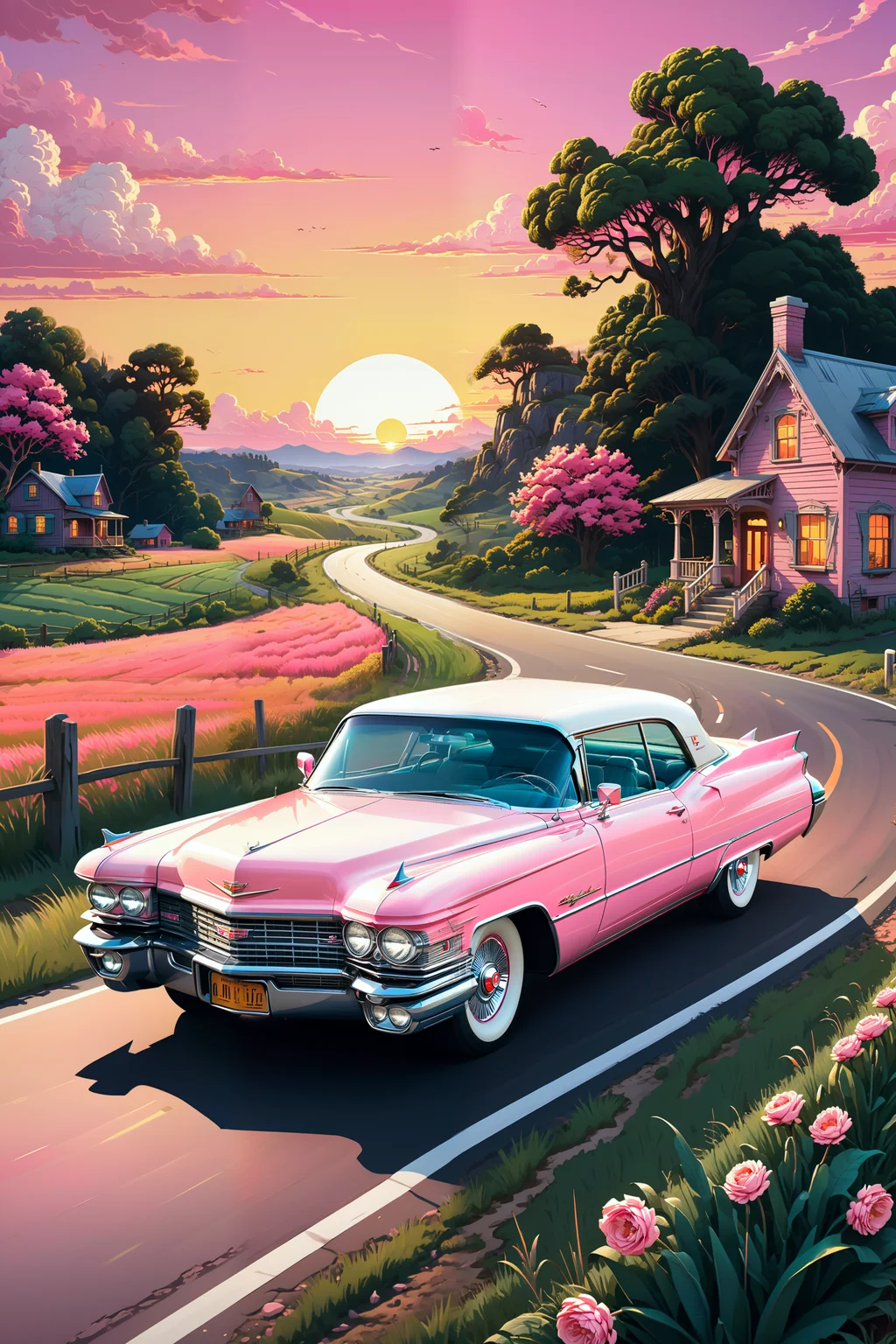 <lora:xl_more_art-full_v1:0.7> , (best quality:1.5), (intricate emotional details:1.5), (sharpen details), (ultra detailed), (cinematic lighting), pink Cadillac, car, driving through the country, sunset, relaxing vibes. cartoon style, line art, sticker style