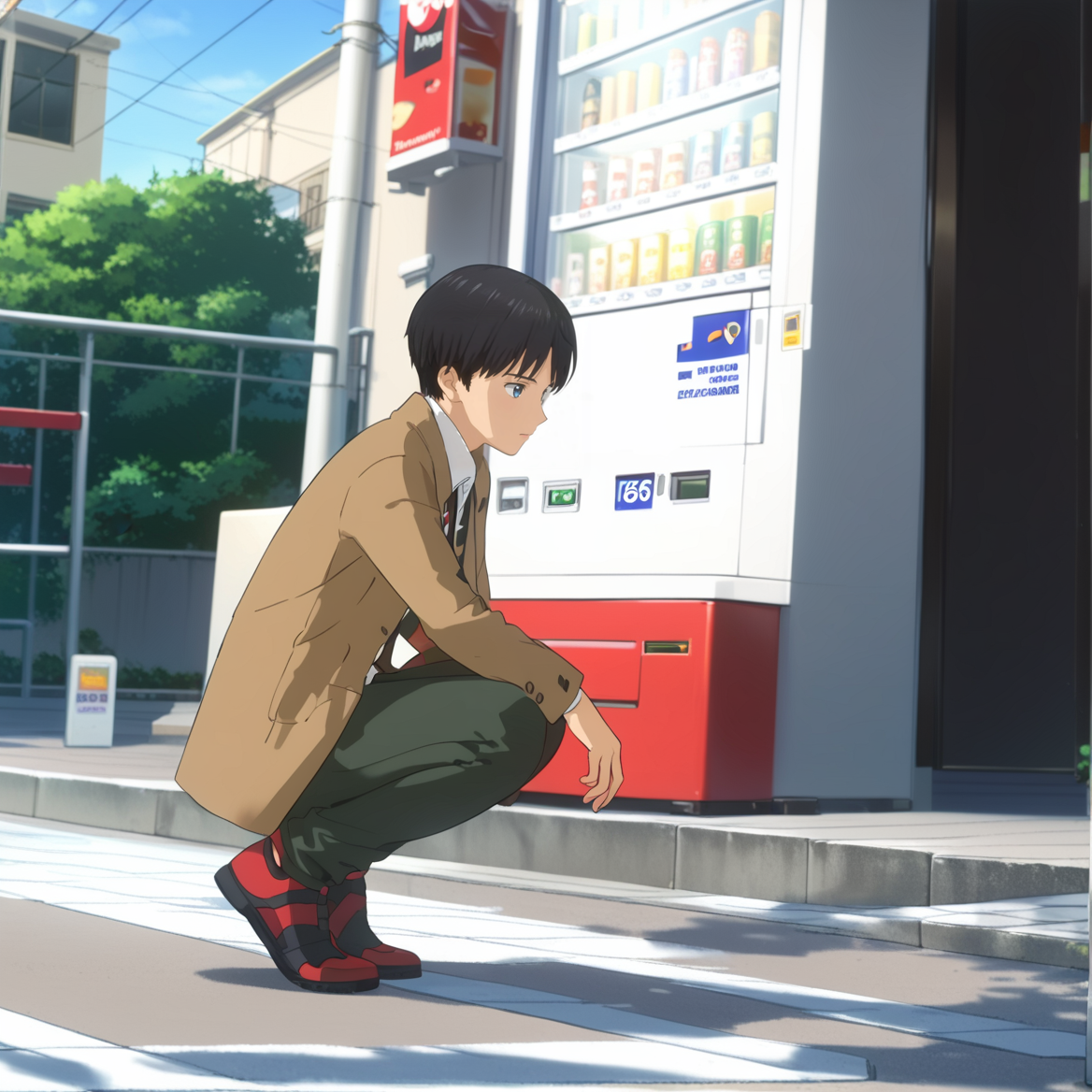 score_9,score_8_up,score_7_up,score_6_up,source_anime,masterpiece,best quality,high-detailed,Ray Tracing,<lora:KOJIMA:1>,1boy, Daisuke DojimaA, blurry ground, blurry, blue eyes, vending machine, dog, squatting, black hair, male focus, outdoors, jacket, sneakers, shoes, pants, brown jacket, red footwear