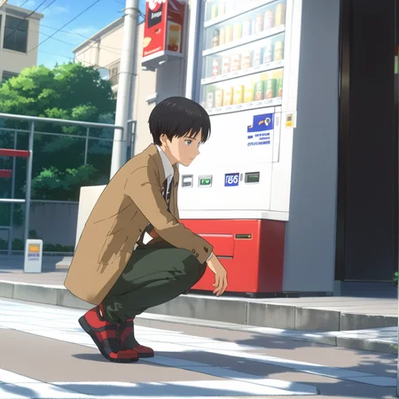 score_9,score_8_up,score_7_up,score_6_up,source_anime,masterpiece,best quality,high-detailed,Ray Tracing,<lora:KOJIMA:1>,1boy, Daisuke DojimaA, blurry ground, blurry, blue eyes, vending machine, dog, squatting, black hair, male focus, outdoors, jacket, sneakers, shoes, pants, brown jacket, red footwear