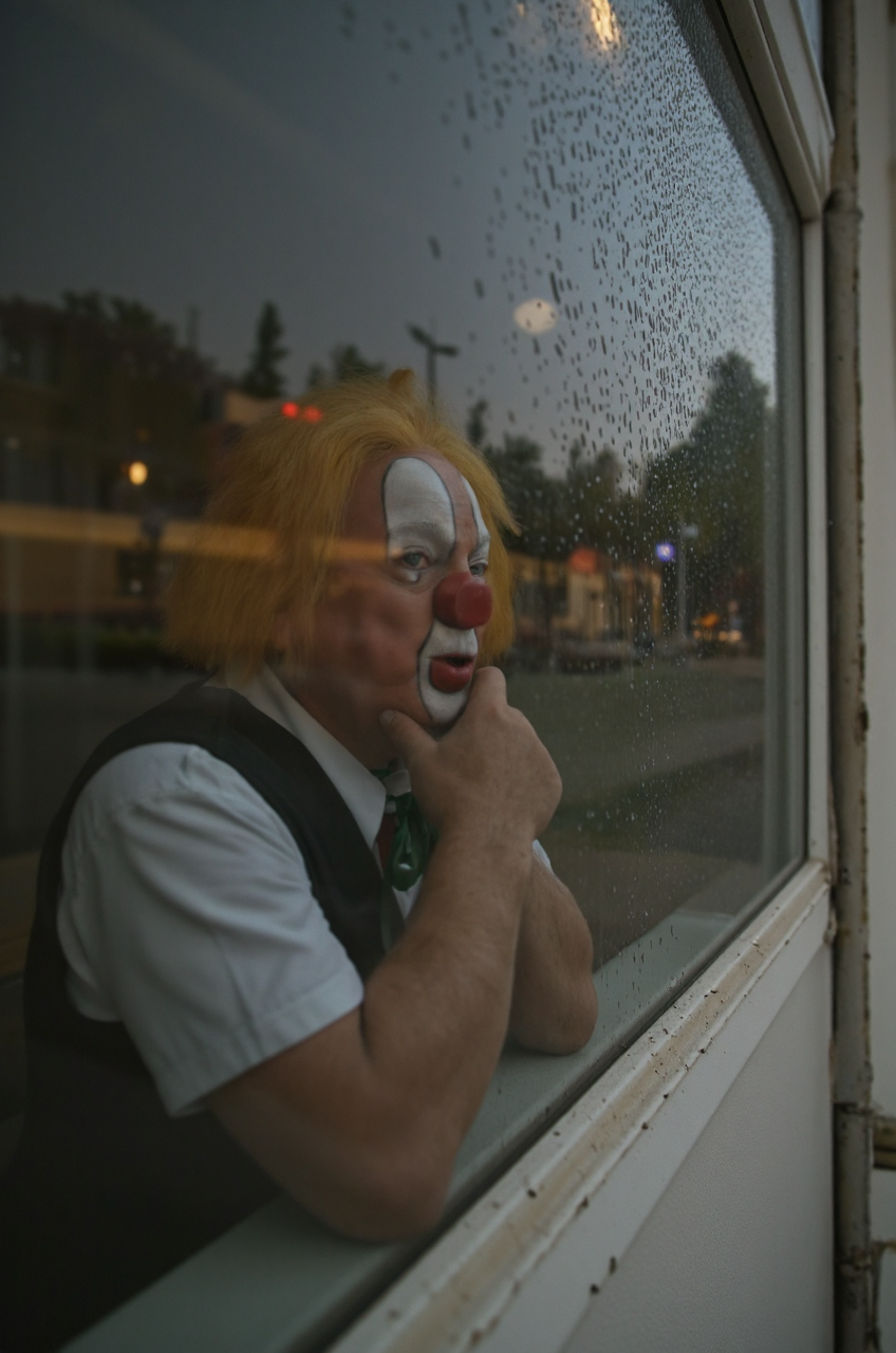 <lora:Bassie:1.6> Bassie the clown, A person looking out a window, watching the rain, looking thoughtful, macro lens for a close-up with raindrops on the glass, soft focus on the background, sharp focus on the subject.