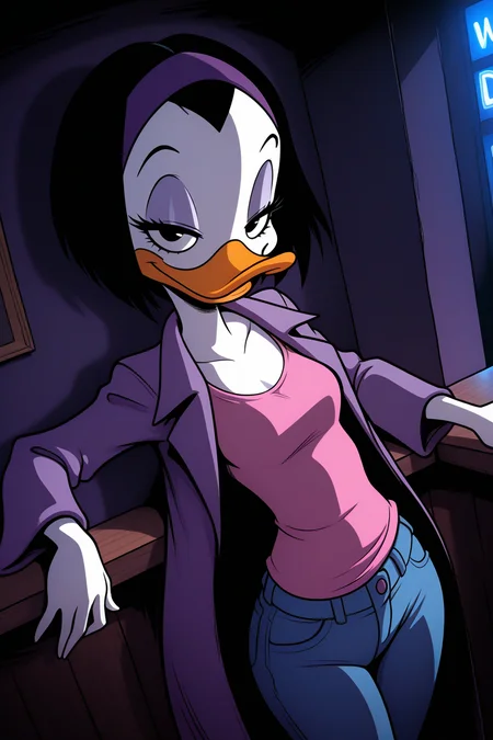 masterpiece, best quality, amazing quality, absurdres, solo, kay-k, smile, duck girl, dutch angle, standing, looking at viewer, half-closed eyes, leaning back, against wall, short black hair, purple hairband, white skin, purple coat, pink shirt, blue jeans, indoors, dark lighting, bar, night club