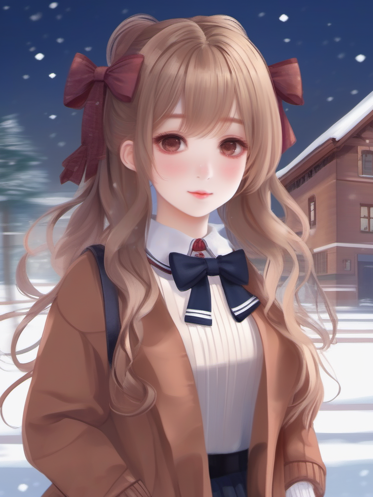 masterpiece, best quality, girl, long hair, looking at viewer, brown cardigan , frilled socks, hair_bow, bowtie, in winter, blush, sweater dress, ,<lora:sl_sila0.8>