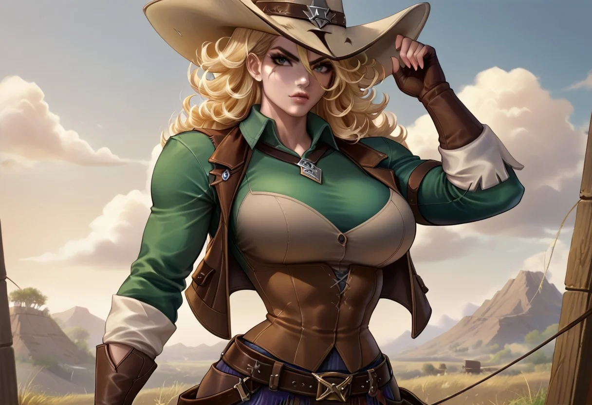 Score_9, Score_8_up, Score_7_up, Score_6, Score_5, Score_4,((best quality)) ultra detailed, aesthetic, extremely detailed eyes and face, perfect body, perfect eyes,
1girl, solo, blonde curls, early colored eyes, scar on the face, scar on the nose, scars on the body,
Slim Figure, Narrow Waist, Wide Hips, (High Breasts), big breasts, Perfect Round Breasts, Perfect Round Butt,
-- clothes -- cowboy hat, leather vest, long sleeved shirt, gloves, cowboy boots, sheriff's badge,
((wild west,Girl standing in the saloon, serious expression on her face.))