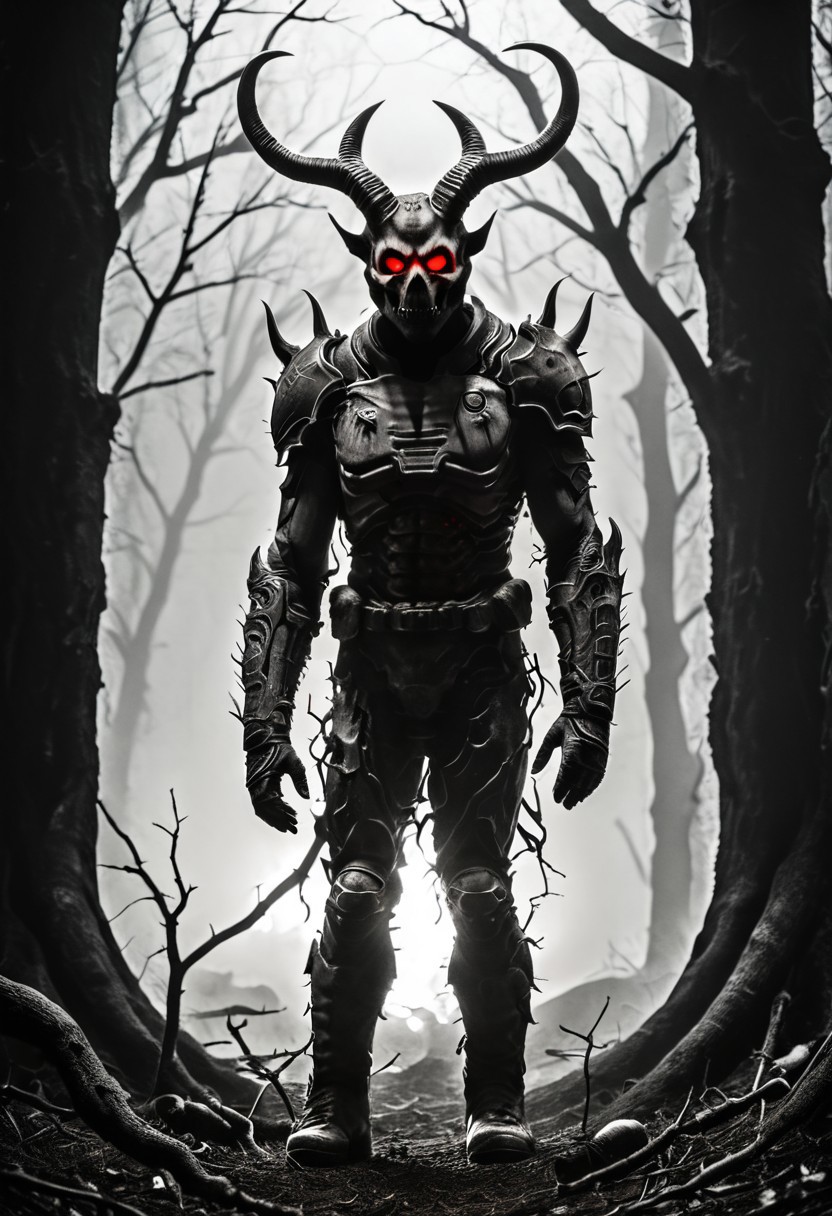 silhouette style, cinematic film still of the silhouette of an disembodied of a female demon,head, multiple eyes, horrific, with a megaphone instead of his head sitting on a branch at night, with glowing eyes, very detailed, haze lighting, backlit, 4k uhd masterpiece, blackmetal style, xerox, black and white, BadDream, UnrealisticDream, Doomguy, soviet poster, femalebonedemon