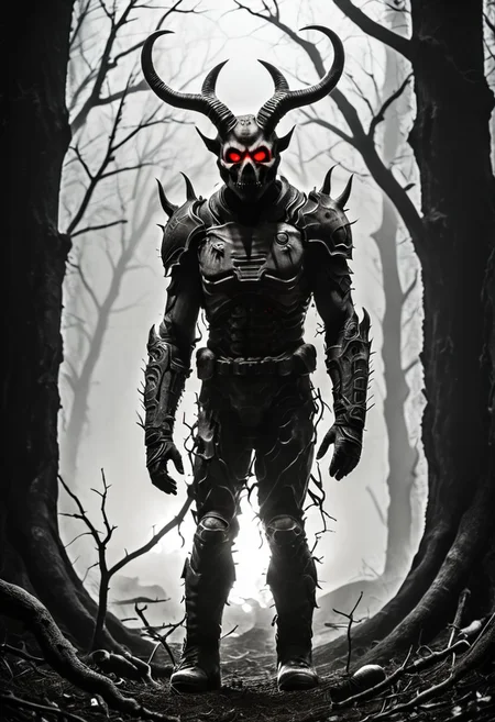 silhouette style, cinematic film still of the silhouette of an disembodied of a female demon,head, multiple eyes, horrific, with a megaphone instead of his head sitting on a branch at night, with glowing eyes, very detailed, haze lighting, backlit, 4k uhd masterpiece, blackmetal style, xerox, black and white, BadDream, UnrealisticDream, Doomguy, soviet poster, femalebonedemon