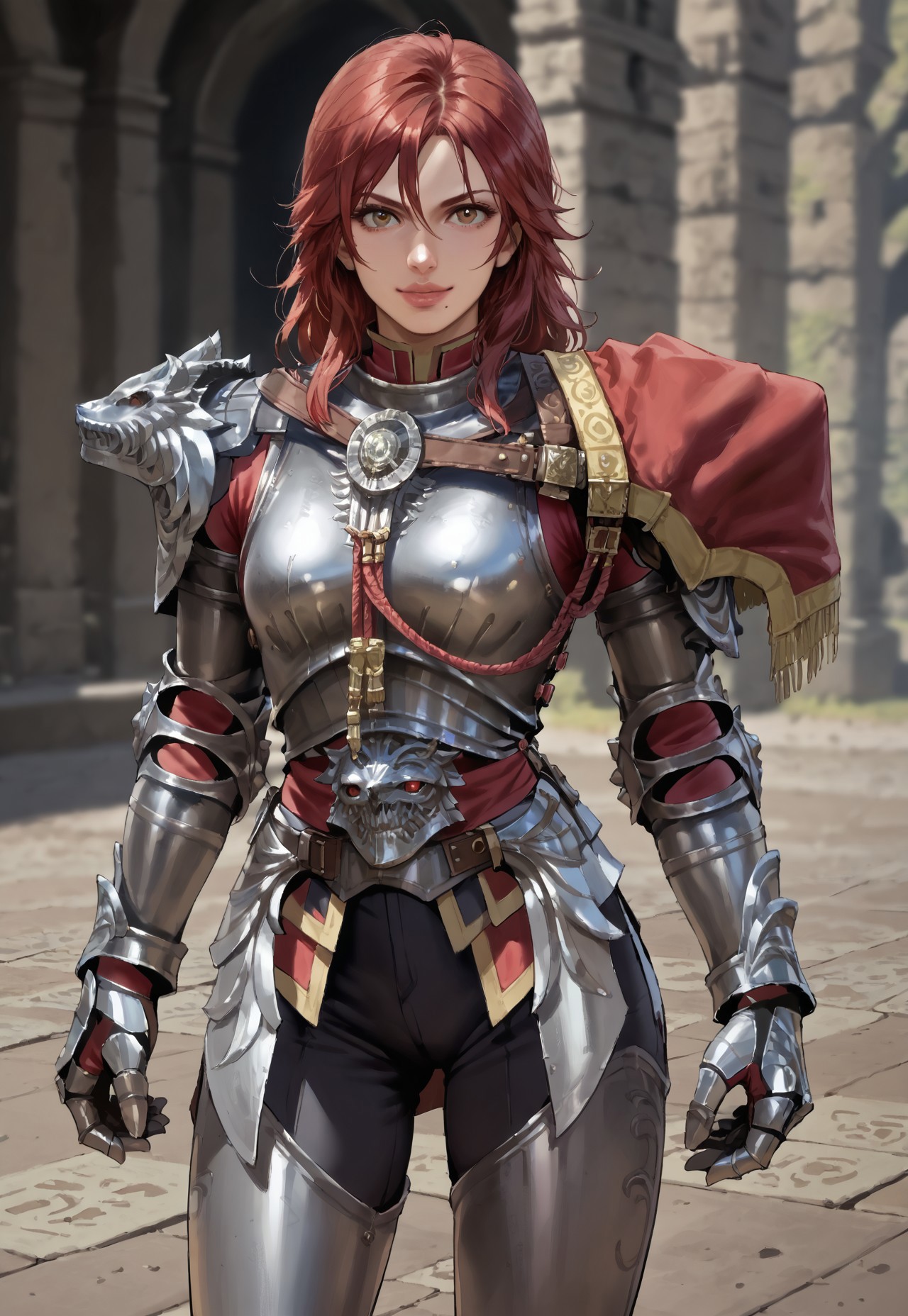 Score_9_up, score_8_up, score_7_up, source_realistic, BREAK half smile, 1girl, solo, scfourhilde, red hair, lips, mole, breastplate, armor, gauntlets, asymmetrical shoulder armor, greaves,