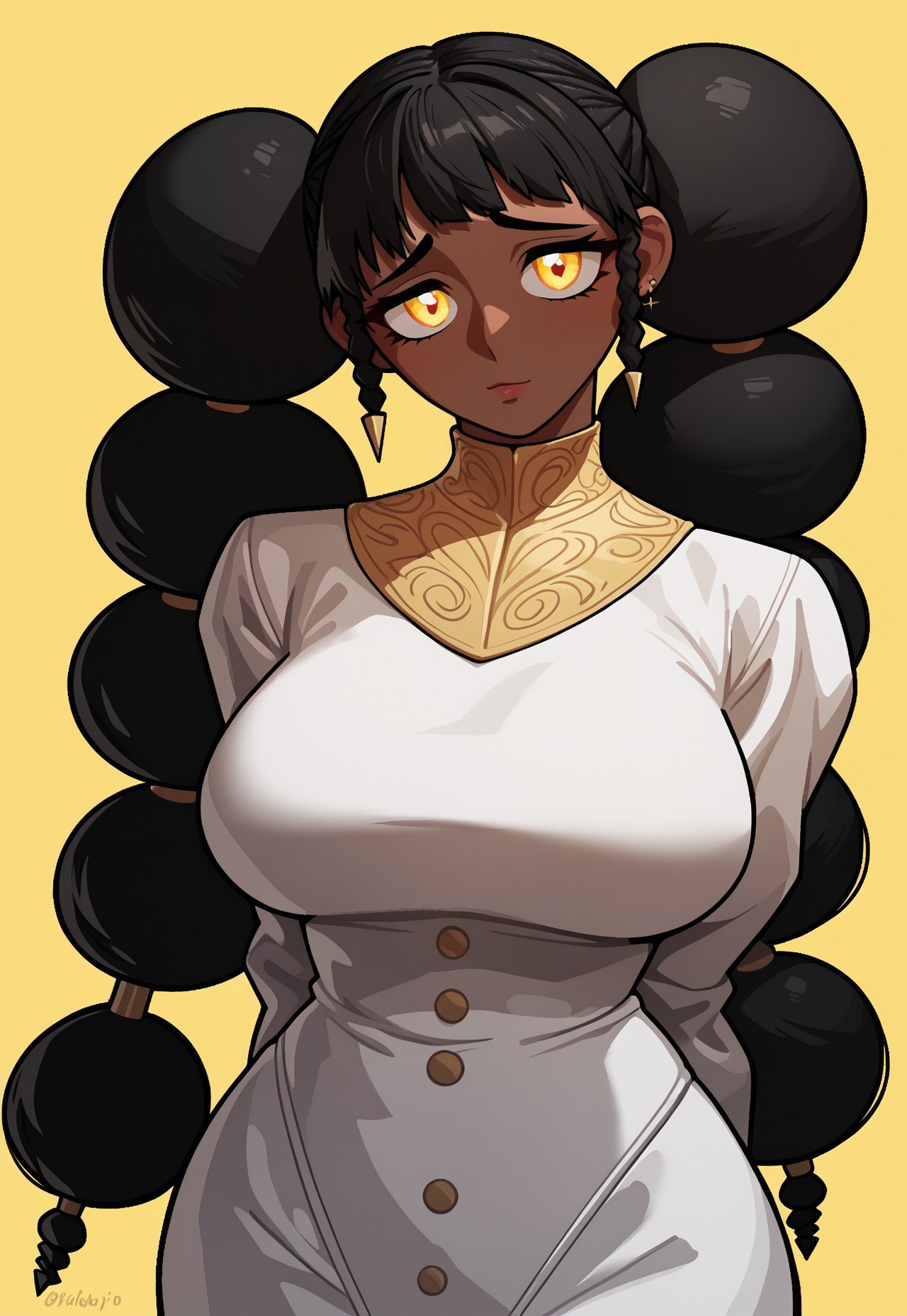 safe_pos, safe_pos, score_9, score_8_up, score_7_up, score_9,4k, HD, 8k, highres, masterpiece, best quality, cowboy shot, solo, 1girl, desscaras, dark-skinned female, yellow eyes, black hair, long hair, twintails, bubble braids, bangs, hair buns, large breasts, earrings, jewelry, white dress, yellow background, no pose, looking at viewer, emotionless, beautiful eyes, half body, <segment:yolo-Anzhc Face seg 640 v2 y8n.pt,0.4,0.5//cid=1>