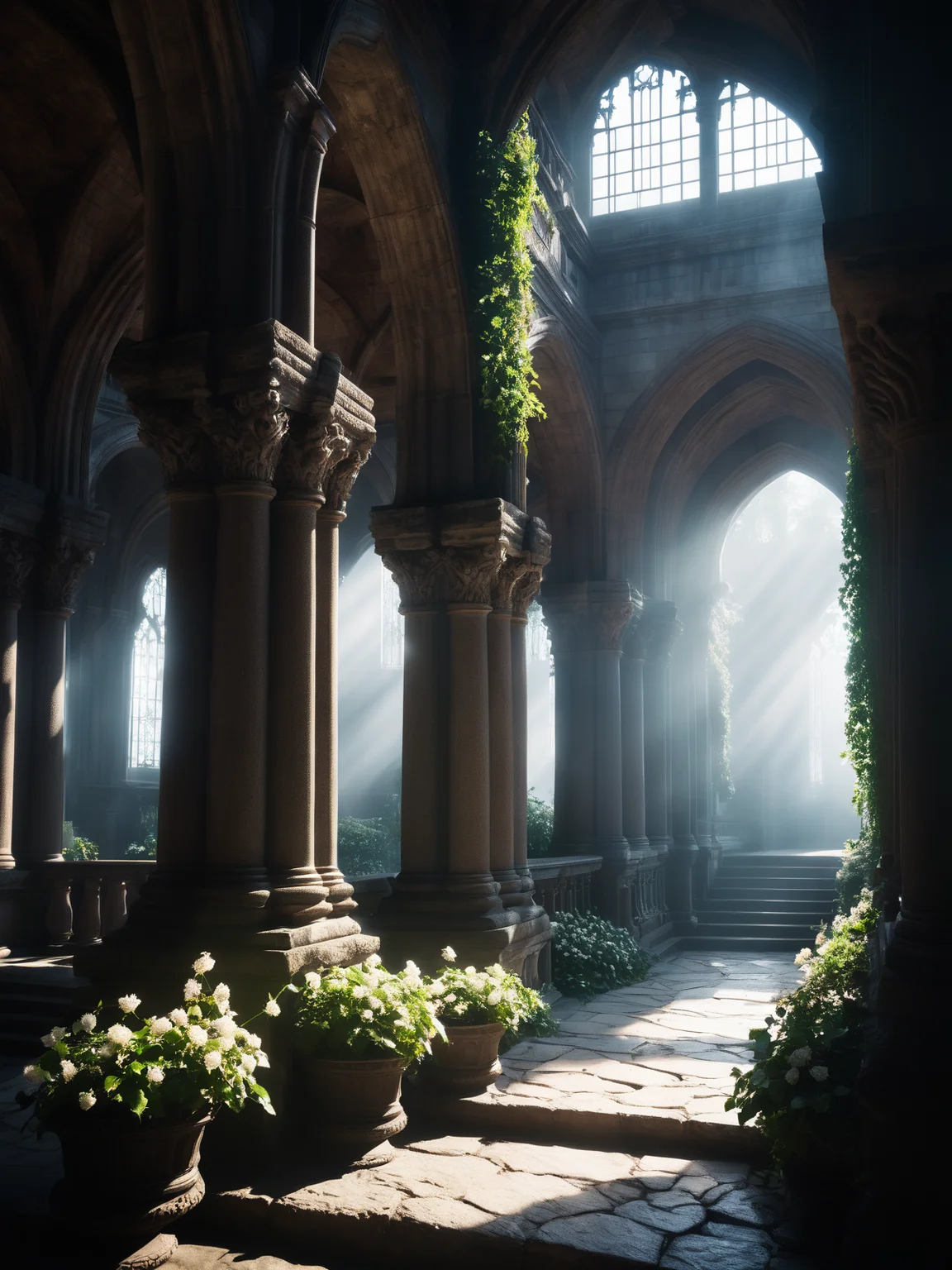 Interior of a ancient temple with a bridge, gothic architecture, mose, ivy, flowers, fog,Dave Rapoza, wide shot, cenital, hyper realistic, 4k resolution, artwork, digital art, cinematic, intrincate, wide shot, bokeh, light shaft cinematic atmosphere <lora:sd_xl_dpo_lora_v1:1> <lora:great_lighting:1> great lighting, masterpiece, best quality, ultra high res, (photorealistic, realistic:1.2), deep shadow, raw photo, film grain, Fujifilm XT3, 8k uhd, dslr