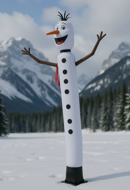 <lora:Wacky_Waving_Inflatable_Arm_Flux_Man-000009:1>
The image is a photograph of a very tall, inflatable snowman with wavy arms standing in a snowy setting.
